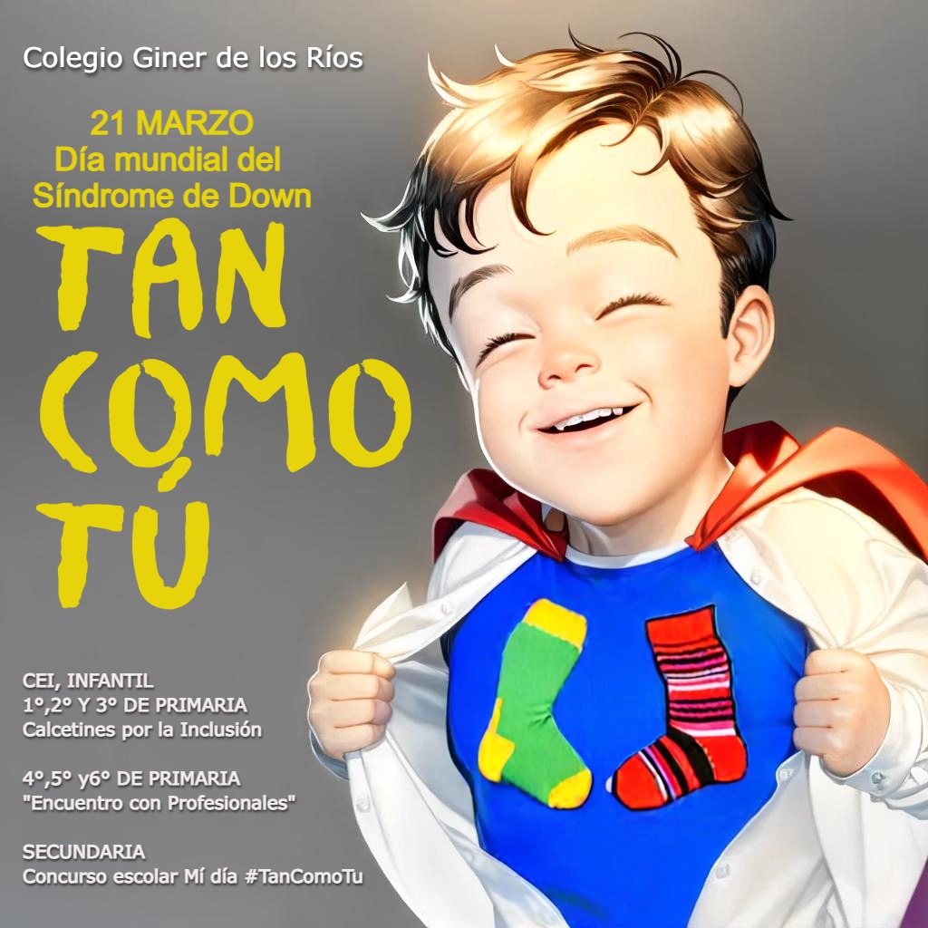 Un año más, el #ColegioGiner se une para dar visibilidad a la realidad de las personas con Síndrome de Down. 💛

Este curso, queremos recordar que las personas con Síndrome de Down   sienten como tú, se comportan como tú, reaccionan como tú, igual que todos…

#TanComoTú
