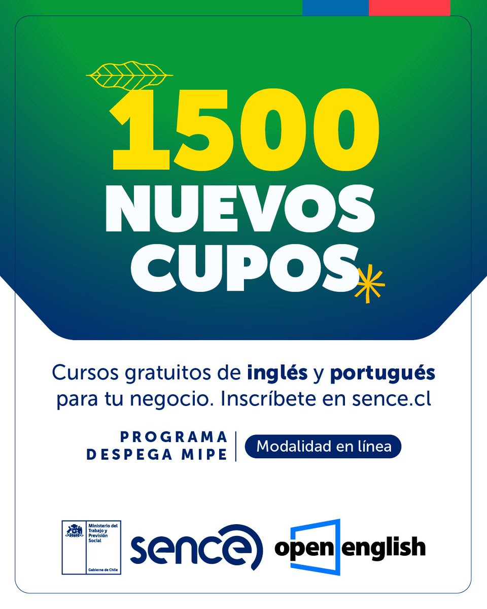 #LosRíos | 📢 ¡Atención emprendedores y emprendedoras!
🚀 Sumamos 1.500 nuevos cupos en cursos gratuitos de inglés y portugués para fortalecer tu negocio. ¡Inscríbete hoy y haz crecer tus oportunidades!

🔗 Postula en 👉 sence.cl
📚 Modalidad en línea

#DespegaMipe