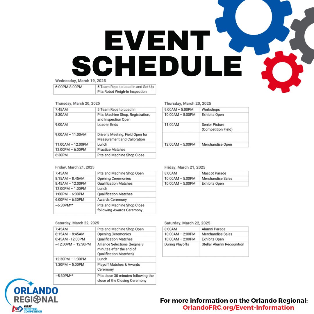 📢 Orlando FRC Regional Schedule is Here! 📢

Get ready for an action-packed week at Addition Financial Arena! Here’s what’s happening:

🔗 Full details: orlandofrc.org/event-informat…

#STEMeducation #OMGRobots #OrlandoFRC #FIRSTRobotics #FIRSTinFlorida #OrlandoSTEM #Reefscape