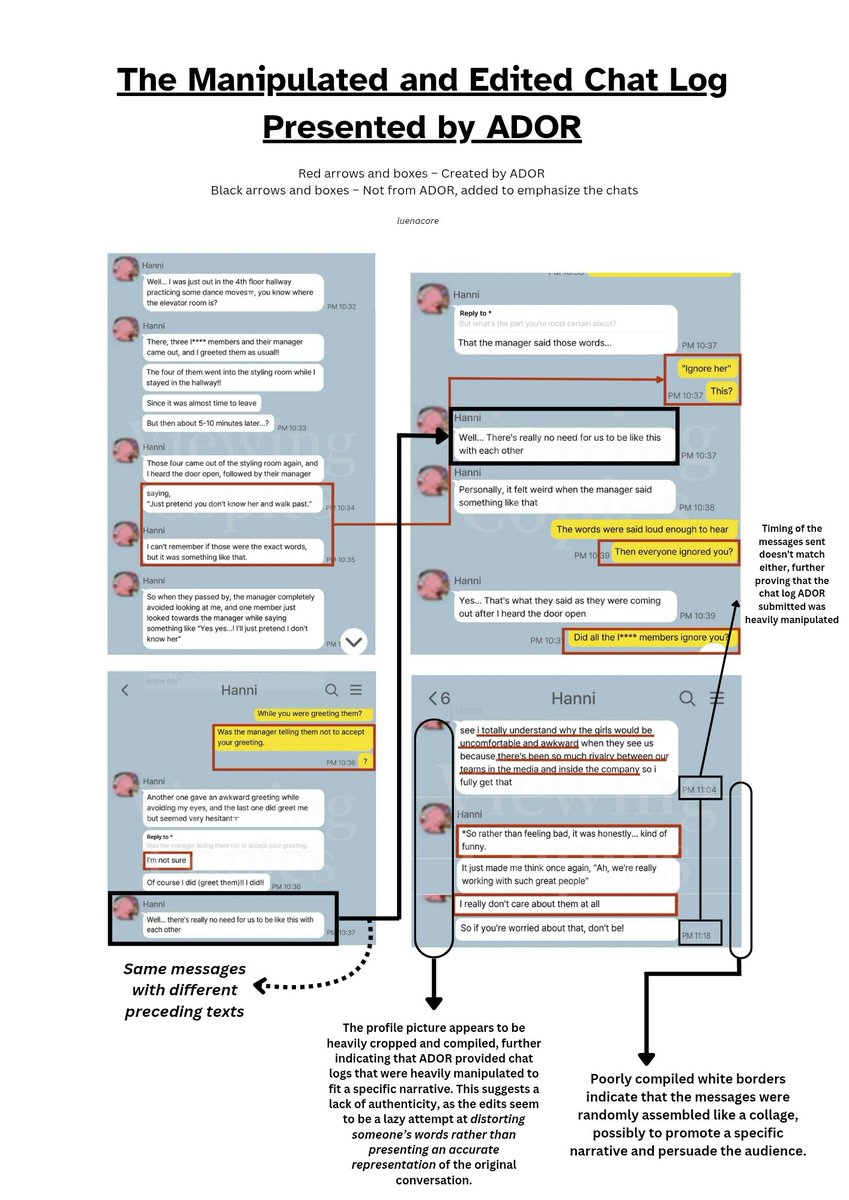 luenacore's tweet image. What I wanted to point out as well. The sheer amount of selective compilation, editing, patchwork, and manipulation ADOR engaged in before submitting the text messages to the Court. If they were truly confident in their narrative—that MHJ influenced Hanni’s decision—they could…