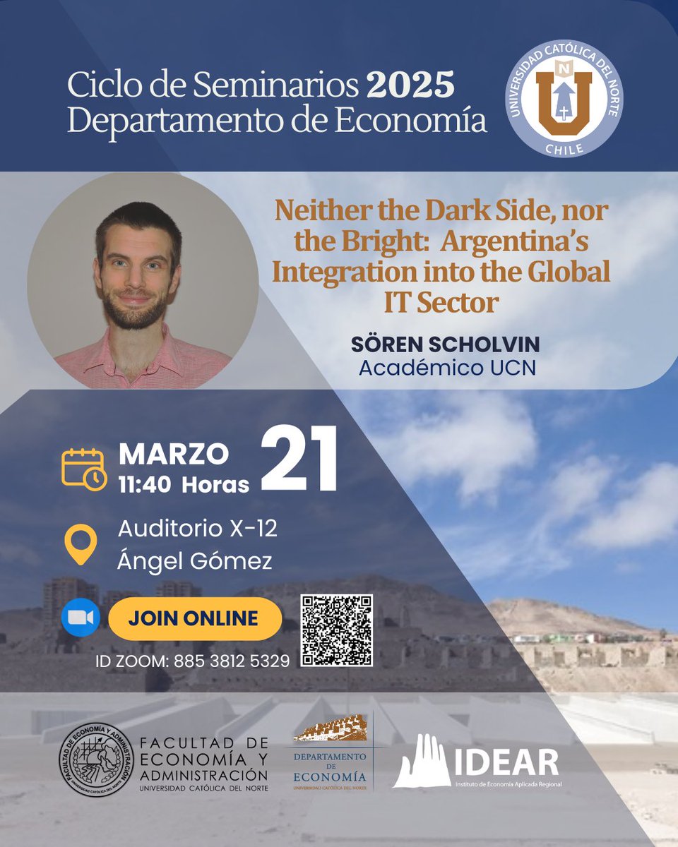 📢 ¡Este viernes iniciamos el ciclo de seminarios 2025 del Departamento de Economía! Sören Scholvin presentará su investigación: Neither the Dark Side, nor the Bright: Argentina’s Integration into the Global IT Sector.
#SeminariosEconomía #UCN #IDEAR #Investigación