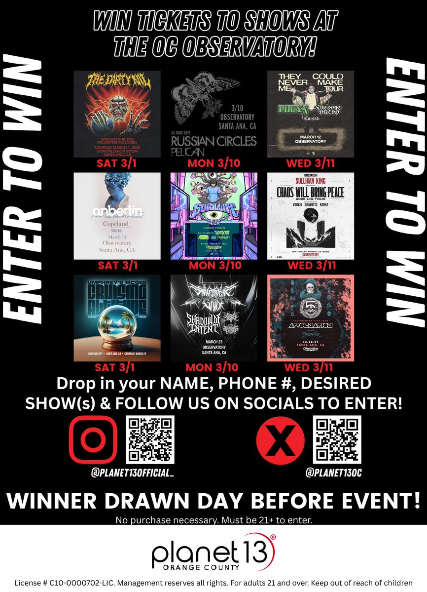 Planet13OC's tweet photo. Win FREE tickets to these @ObservatoryOC shows this week! 🎫
3/22 Umphrey's McGee
3/23 Chelsea Grin

To Enter:
-Follow us 👉 https://t.co/j2o8VwmAj4
-Stop by the shop drop your name in the box!
🎟️ Tickets:
https://t.co/r3mGQBBII3
https://t.co/oo9lJEekYY

#Giveaway #Planet13 https://t.co/yFhI2EvIHh