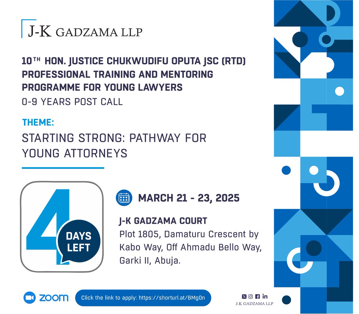 4️⃣ Days Left! 

Don't miss your chance to be a part of the 10th Hon. Justice Chukwudifu Oputa JSC (RTD) Professional Training and Mentoring Programme for Young Lawyers. 

Click this link to register - docs.google.com/forms/d/e/1FAI…

#RegistrationClosingSoon #DontMissOut