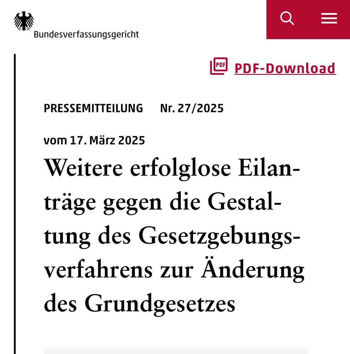 JoanaCotar's tweet photo. Das Bundesverfassungsgericht hat alle Anträge gegen die Abstimmung im Bundestag morgen über das Schuldenpaket abgelehnt - auch meinen.

Zumindest kann man mir nicht vorwerfen, nicht alles versucht zu haben. Und ehrlich gesagt, hatte ich das erwartet. Bitter.

https://t.co/Ut0TkqvOQj