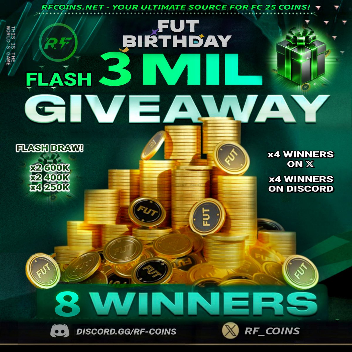 RF_Coins's tweet image. ⚡🎈 FUTBIRTHDAY FLASH GIVEAWAY 🎉🔽 3 Million coins x8 Winners! 

To enter on 𝕏:
✅ Like &amp;amp; Repost 
✅ Comment your platform 

To enter on Discord:
↪️discord.gg/RF-COINS-10599…

⭐ Winners drawn soon.. Good luck ⚡

🛒 Visit RFCOINS.NET for Reliable &amp;amp; Fast Coins! 🪙…