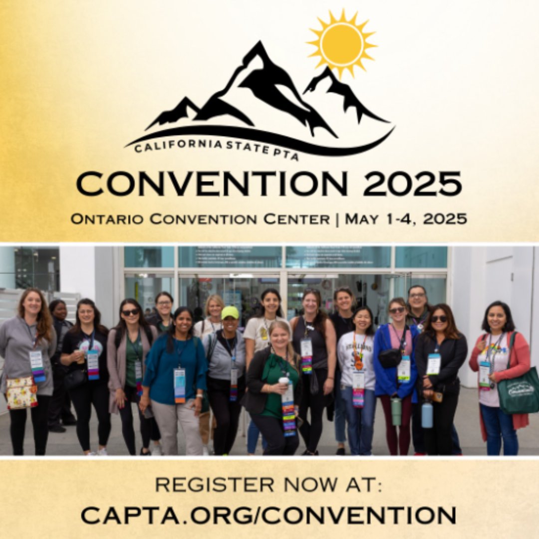 From @californiastatepta
Mark your calendars for our biggest event of the year ➡️ Convention 2025 🎉 We invite you to join us in Ontario from May 1st through 4th. REGISTER NOW at 🔗 capta.org/convention. 📣

#CAPTACON25 #PTA4Kids #MakeADifference