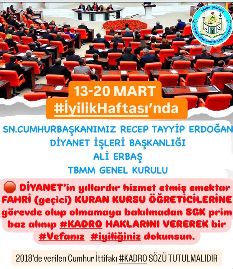 <a href="/ozanozturk_tr/">OZAN ÖZTÜRK</a> <a href="/RTErdogan/">Recep Tayyip Erdoğan</a> <a href="/DIBAliErbas/">Prof. Dr. Ali Erbaş</a> <a href="/TBMMGenelKurulu/">TBMM Genel Kurulu</a> 13-20 MART
 #İyilikHaftası’nda ve #AileYılı’nda
SN.CUMHURBAŞKANIMIZ
<a href="/RTErdogan/">Recep Tayyip Erdoğan</a>
 <a href="/DIBAliErbas/">Prof. Dr. Ali Erbaş</a>
DİYANET’in yıllardır hizmet etmiş emektar FAHRİ (geçici) KURAN KURSU ÖĞRETİCİLERİNE görevde olup olmamaya bakılmadan SGK prim baz alınıp #KADRO VEREREK bir #Vefanız  #iyiliğiniz dokunsun