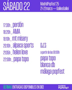 #Festivales. <a href="/madridpopfest/">Madrid Popfest</a> se celebra este finde en <a href="/salagalileo/">Sala Galileo Galilei</a> y estos son los horarios

j-musind.blogspot.com/2025/03/madrid…
