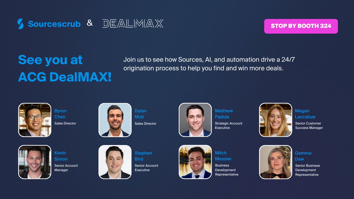 Sourcescrub (@sourcescrub) on Twitter photo Thrilled to be back at <a href="/ACGGlobal/">Association for Corporate Growth</a> DealMAX this year! Swing by our booth to take your best shot at beer pong and explore how our AI-driven tools can help you find and win more deals. See you there! ๐
#ACG #MiddleMarket #Growth #PrivateEquity #InvestmentBanking #Dealmakers Thrilled to be back at <a href="/ACGGlobal/">Association for Corporate Growth</a> DealMAX this year! Swing by our booth to take your best shot at beer pong and explore how our AI-driven tools can help you find and win more deals. See you there! ๐
#ACG #MiddleMarket #Growth #PrivateEquity #InvestmentBanking #Dealmakers