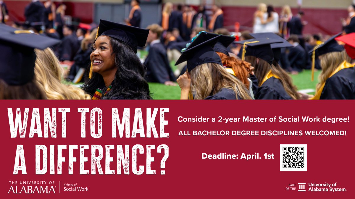 We’ve extended the deadline to apply for our 2-Year Traditional Master of Social Work (MSW) program!

📅 New Deadline: April 1st

Take the next step in your social work journey and earn your MSW with our flexible, high-quality program at The University of Alabama.

✅ Expand  ...