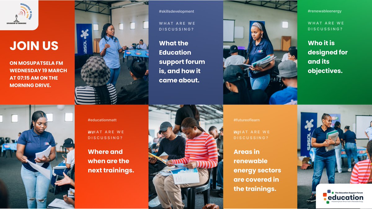 T_EDSF's tweet photo. 📢 TEDSF Live on Mosupatsela FM! 🎙️

Join us on the Morning Drive as we discuss:
✅ What The Education Support Forum (TEDSF) is all about
✅ Who it’s designed for &amp; key objectives
✅ Renewable energy training areas covered
✅ Upcoming training sessions &amp; how to participate https://t.co/Uf8jLWp1gY