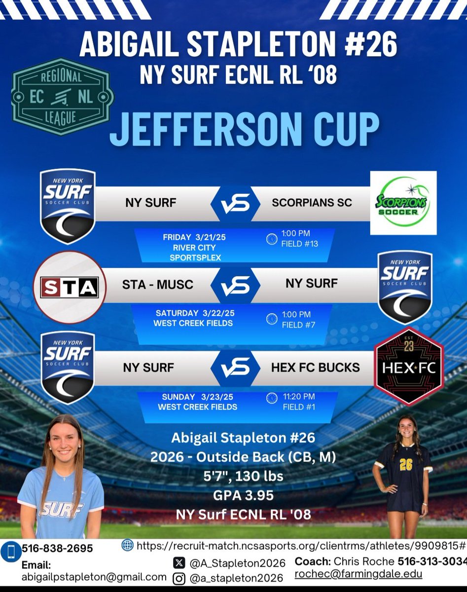 Abigail Stapleton 2026 (@a_stapleton2026) on Twitter photo If you are looking for a smart, strong, and fast 2026 Outside Back (CB, M), come see me at Jeff Cup this weekend!
<a href="/NcsaSoccer/">NCSA Soccer</a> <a href="/CoachBrittaNCSA/">Britta Marmon (She/Her)</a> <a href="/CoachABowesNCSA/">Amanda Bowes</a> <a href="/ImYouthSoccer/">ECNL/GA/Recruiting/College Soccer</a> <a href="/ImCollegeSoccer/">College Soccer Truth ™</a> <a href="/Discover_CS/">DiscoverCollegeSoccer.com</a> <a href="/PrepSoccer/">Prep Soccer ⚽️</a> <a href="/ECNLgirls/">ECNL Girls</a> <a href="/nysurfsoccer/">NY Surf Soccer</a> If you are looking for a smart, strong, and fast 2026 Outside Back (CB, M), come see me at Jeff Cup this weekend!
<a href="/NcsaSoccer/">NCSA Soccer</a> <a href="/CoachBrittaNCSA/">Britta Marmon (She/Her)</a> <a href="/CoachABowesNCSA/">Amanda Bowes</a> <a href="/ImYouthSoccer/">ECNL/GA/Recruiting/College Soccer</a> <a href="/ImCollegeSoccer/">College Soccer Truth ™</a> <a href="/Discover_CS/">DiscoverCollegeSoccer.com</a> <a href="/PrepSoccer/">Prep Soccer ⚽️</a> <a href="/ECNLgirls/">ECNL Girls</a> <a href="/nysurfsoccer/">NY Surf Soccer</a>