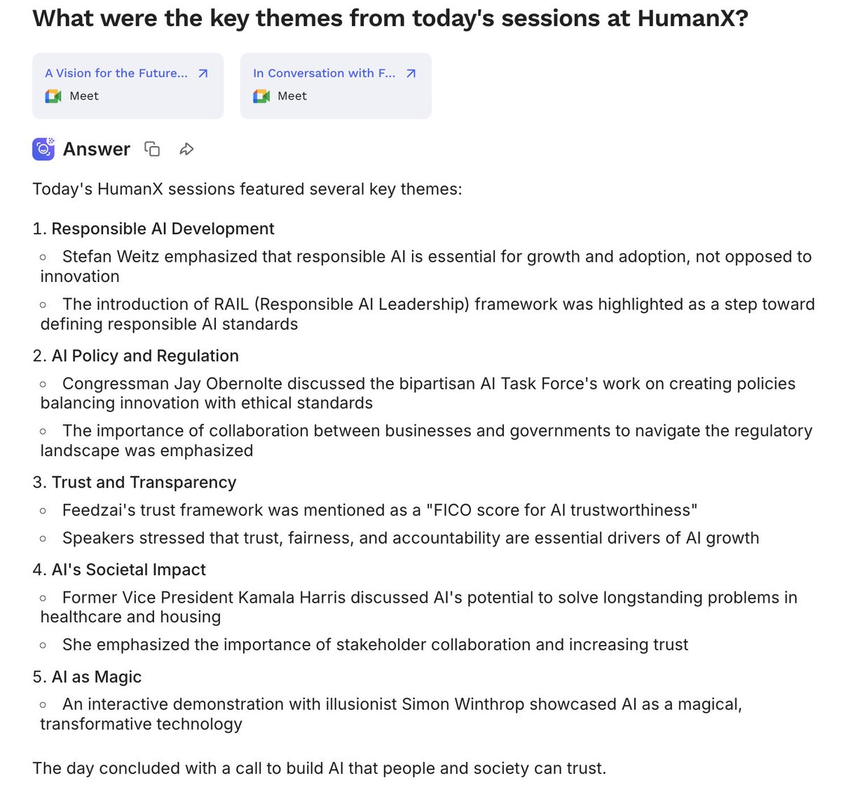 SarahSpagnolo's tweet photo. Still vibing on the takeaways from HumanX. The below powered by @ReadAI_ -- let me know if you want to see more, Search Copilot makes it simple to pull answers like this across any question or theme: https://t.co/8hd5USKcP8