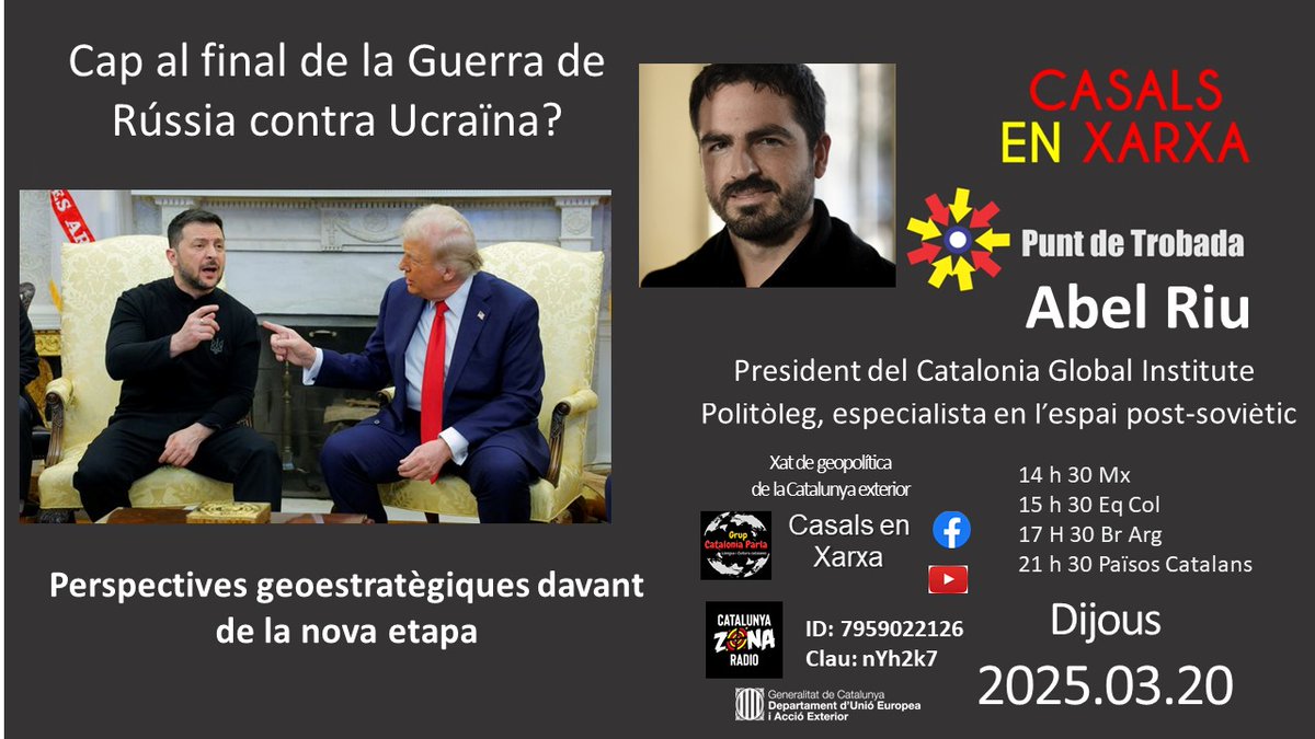 Aquest dijous a les 21h 30 de Catalunya a #CasalsenXarxa tindrem el luxe de comptar amb l'Abel Riu per entendre millor la nova etapa en què ha entrat la guerra de Rússia contra Ucraïna   Link Zoom: us05web.zoom.us/j/7959022126?p…