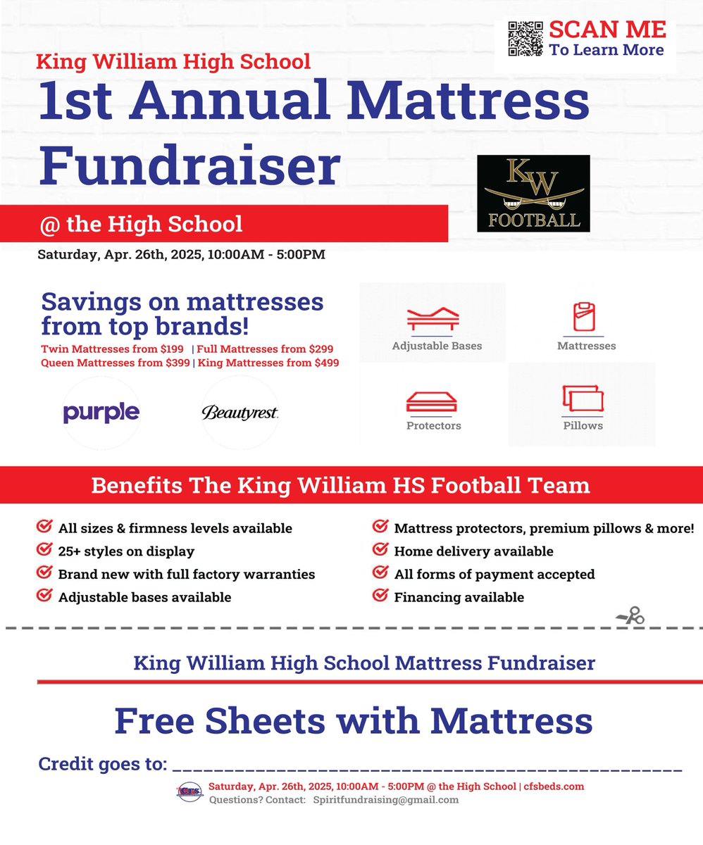 Come to our first annual Mattress sale fundraiser! Saturday April 26th at King William High School from 10am-5pm!