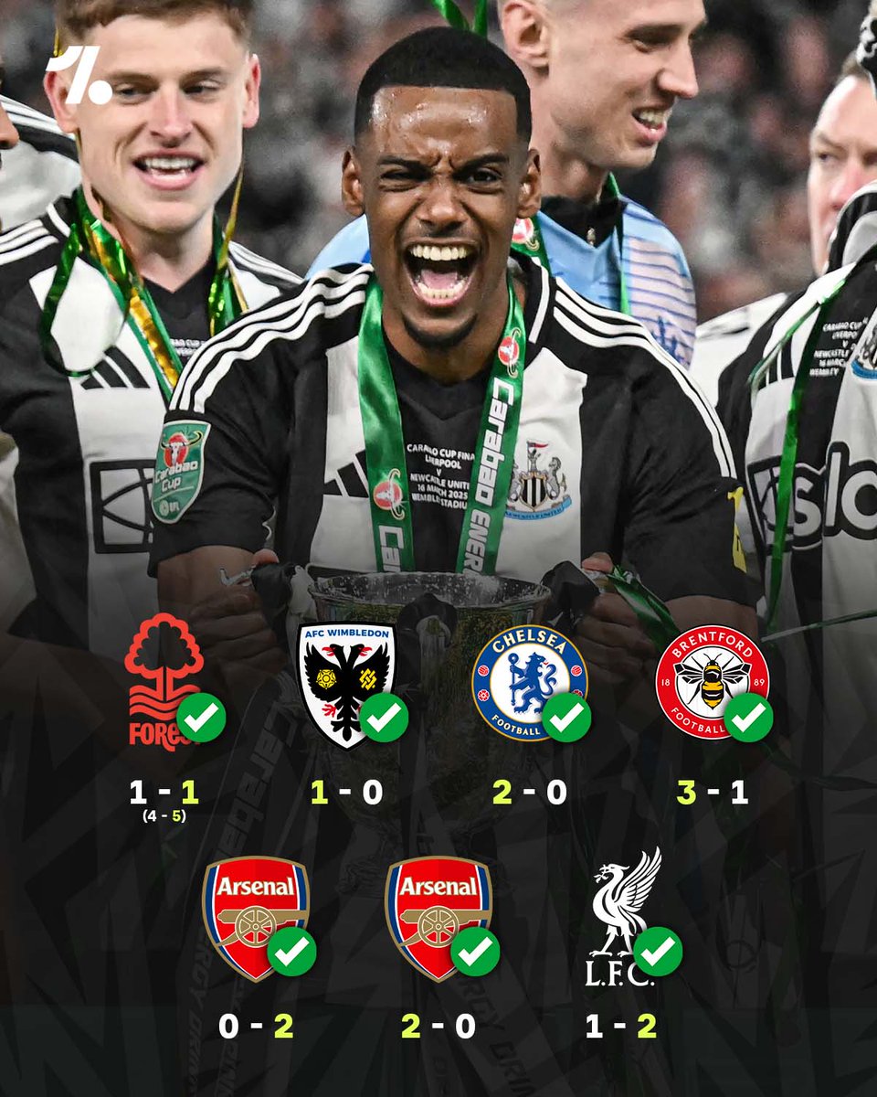 OneFootball's tweet image. Newcastle beat the teams currently 1st, 2nd, 3rd AND 4th in the Premier League on the way to winning the EFL Cup 👏🏆