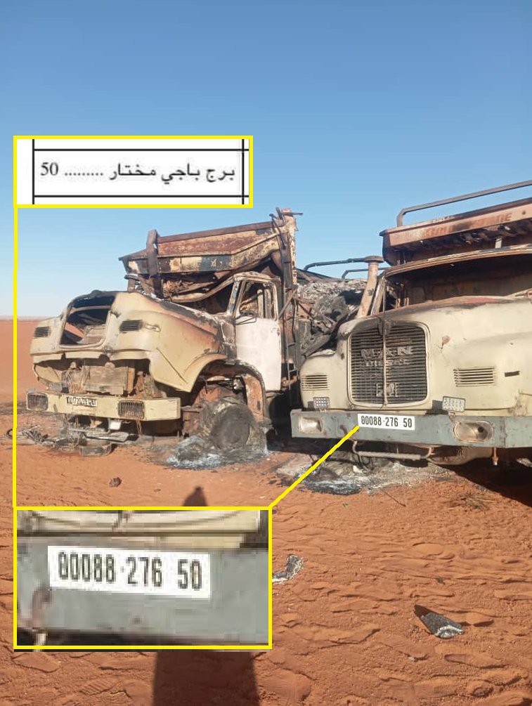 DefenseAtlas009's tweet photo. مشاهد جديدة للشاحنات الجزائرية 🇩🇿 التي قام الجيش المالي 🇲🇱بقصفها قبل 4 أيام و يظهر بوضوح ترقيم جزائري على الشاحنات تابعة برج باجي مختار https://t.co/vKUM1vv4Zr
