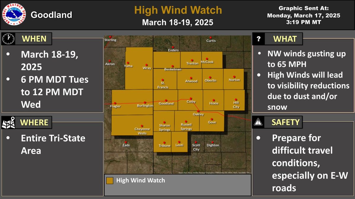 NWSGoodland's tweet photo. It is going to be breezy with gusts of 65 mph possible tomorrow evening through Wednesday morning across the entire Tri-State area. Once we transition to snow, the high winds could create visibility reductions and impact travel across the area. #kswx #cowx #newx https://t.co/sLwsSxPYEt