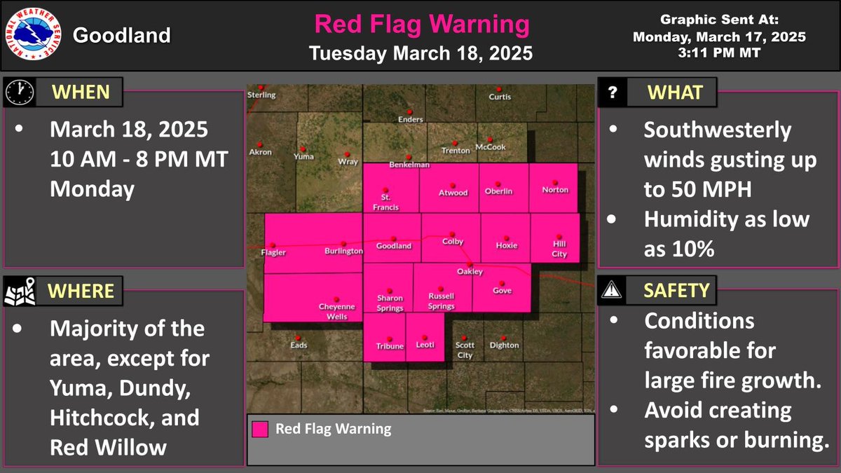 NWSGoodland's tweet photo. We are concerned about critical fire weather conditions during the day on Tuesday for majority of the area. Outdoor burning is not advised as fires will spread rapidly. #kswx #cowx https://t.co/jiNRhezhvp
