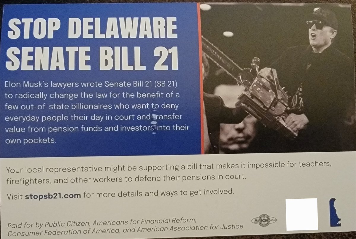 DougBohenick's tweet photo. @elonmusk looks like you ruffled some feathers. They lie on this postcard. Delaware lost a Chrystler plant, a GM plant, and NBNA bank after the GFC that I'm aware of, and none have come back, nor has there been any effort to bring them back. https://t.co/FA3FUDuUZT