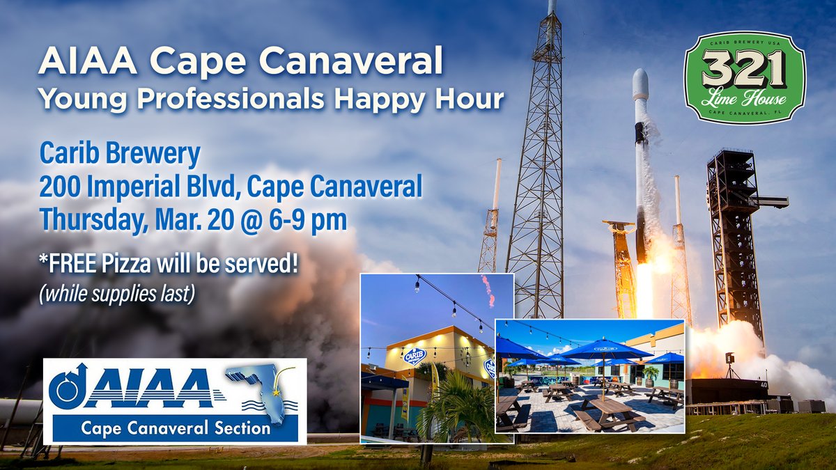 Calling all members in the Central Florida or Cape Canaveral areas - come network with other AIAA Young Professionals at a happy hour hosted at Carib Brewery in Cape Canaveral on Thurs., Mar. 20 from 6-9 pm!
Thursdays are also Trivia Night! Free pizza will be available! #CapeAIAA