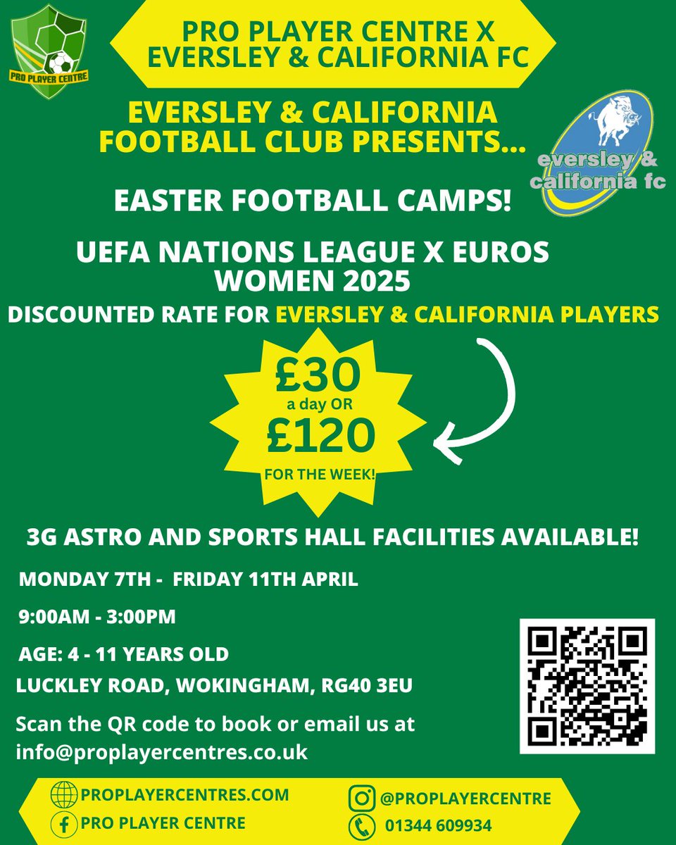 Eversley &amp; California Football Camps LIVE 📷📷
10% off if they sign up BEFORE the end of March. Code is: CYX270
To book, scan the QR code or using the web address below 📷
pro-player-centres.classforkids.io/camp/56
Hopefully, see you ALL there 📷