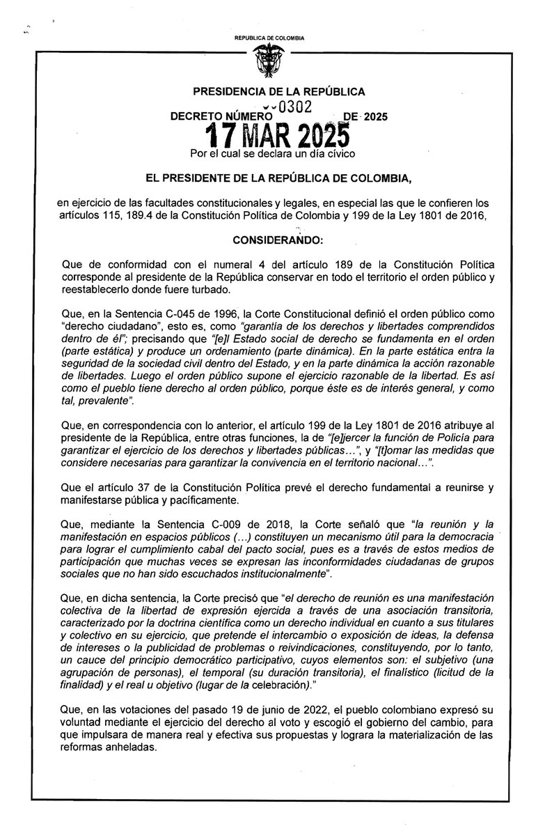 infopresidencia's tweet photo. 🔴  Presentamos a la ciudadanía el decreto 0302 de 2025, el cual declara como "Día Cívico para la Participación Ciudadana" este martes 18 de marzo de 2025, con motivo de garantizar el legítimo derecho de la ciudadanía de expresarse públicamente en favor de las reformas sociales que mejoren su vida y garanticen su dignidad.