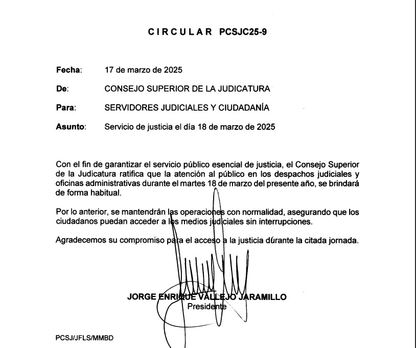 judicaturacsj's tweet photo. #ATENCIÓN 📢 | Con el fin de garantizar el servicio público esencial de justicia, el Consejo Superior de la Judicatura informa que la atención al público en los despachos judiciales y oficinas administrativas este martes 18 de marzo se brindará de forma habitual. https://t.co/shLJ8YBAnq