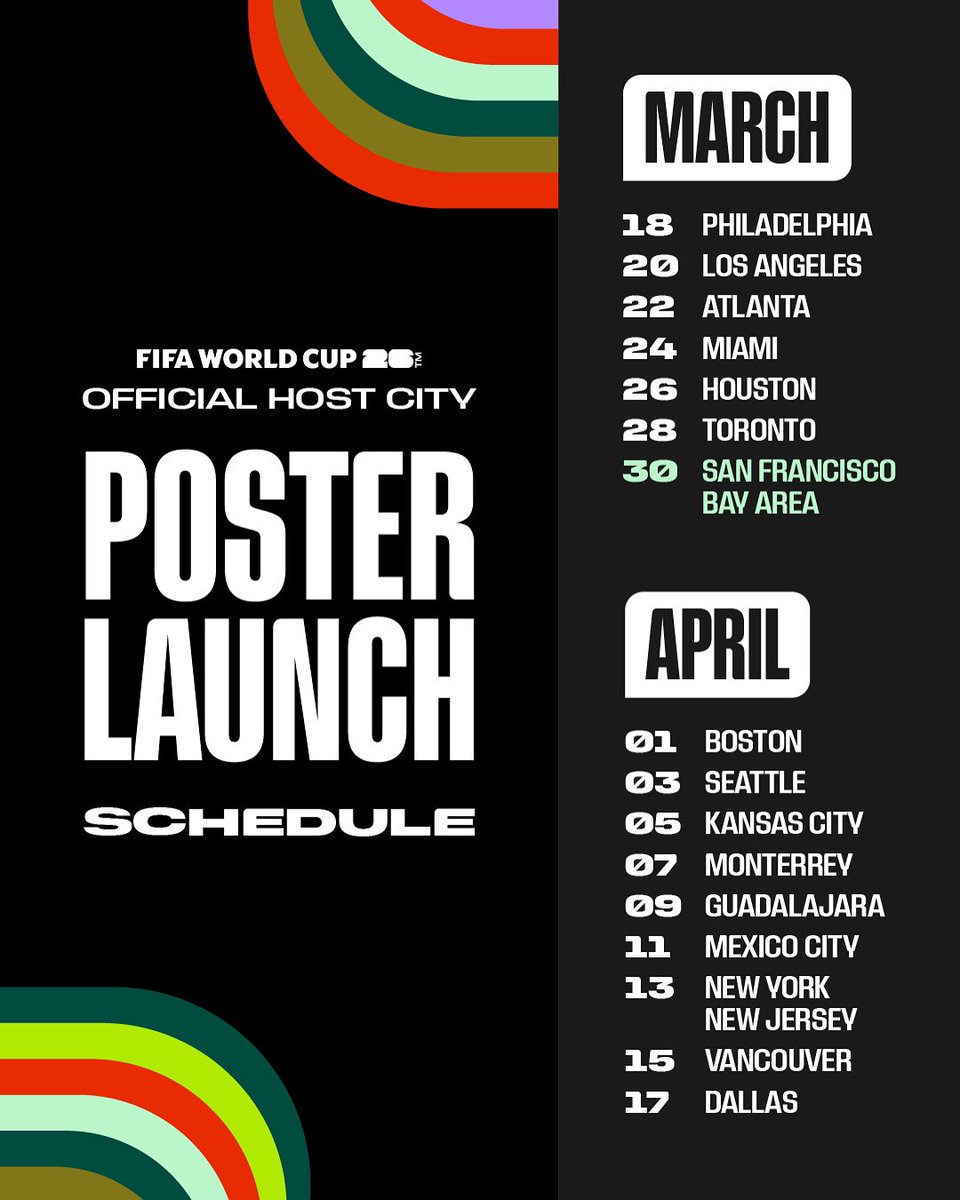 Bay Area Host Committee (@bayareahc) on Twitter photo Mark your calendars! The 2026 <a href="/FIFAWorldCup/">FIFA World Cup</a> Host City Poster for the San Francisco Bay Area will be revealed on March 30th!
For the first time in World Cup history, FIFA has partnered with local artists from all 16 host cities to create Official Host City Posters, each Mark your calendars! The 2026 <a href="/FIFAWorldCup/">FIFA World Cup</a> Host City Poster for the San Francisco Bay Area will be revealed on March 30th!
For the first time in World Cup history, FIFA has partnered with local artists from all 16 host cities to create Official Host City Posters, each