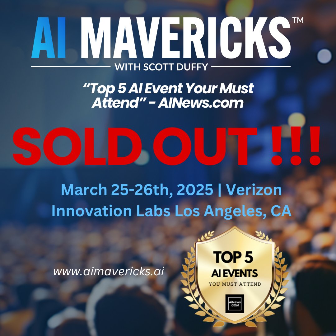 scottduffyAI's tweet photo. 🚀 SOLD OUT! AI MADE SIMPLE – A Top 5 AI Event! 🚀

📅 March 25-26, 2025
📍 Verizon Innovation Labs, Los Angeles, CA

AI Mavericks has officially sold out! 🎉 Thank you for your support—get ready for a game-changing AI experience!

✅ No confusing jargon—just clear, actionable insights
✅ Learn how AI is increasing sales, reducing costs & improving margins
✅ Hands-on training with ChatGPT & AI tools

❌ Registration is now closed

#AIMavericks #AIforBusiness #BusinessGrowth #ArtificialIntelligence #SoldOut
