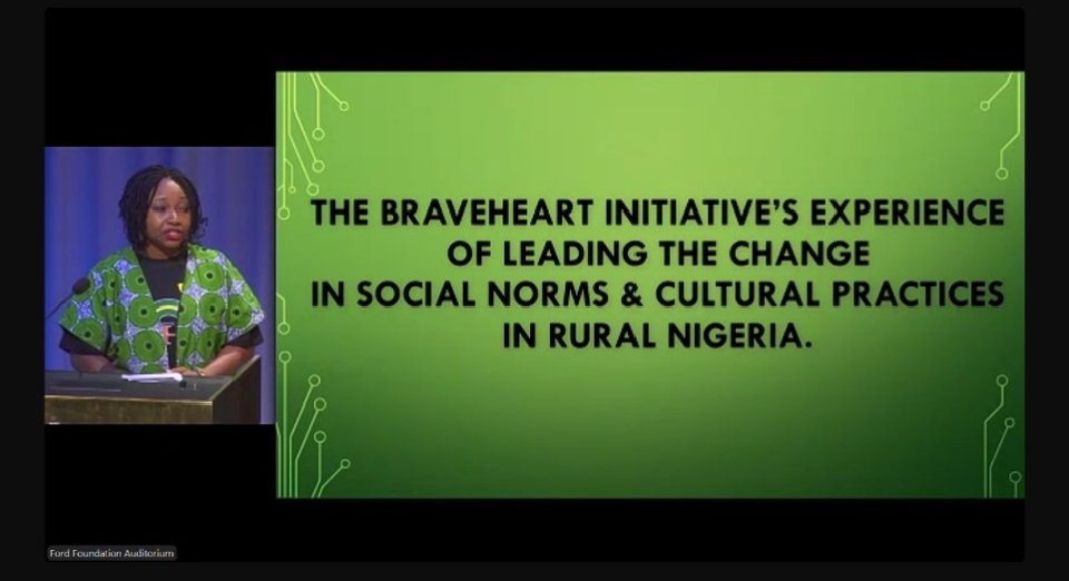 Earlier today at the UN CSW69, <a href="/BHInigeria/">BraveHeart Initiative for Youth & Women</a> participated in a side event hosted by <a href="/FordFoundation/">Ford Foundation</a>.
<a href="/PriscillaBHI/">Ms. Priscilla Usiobaifo</a> spotlighted the organization's approaches and experiences in SGBV prevention vis-a-vis promoting women's rights in rural Nigeria.
#AccelerateAction2025 
#UNCSW69