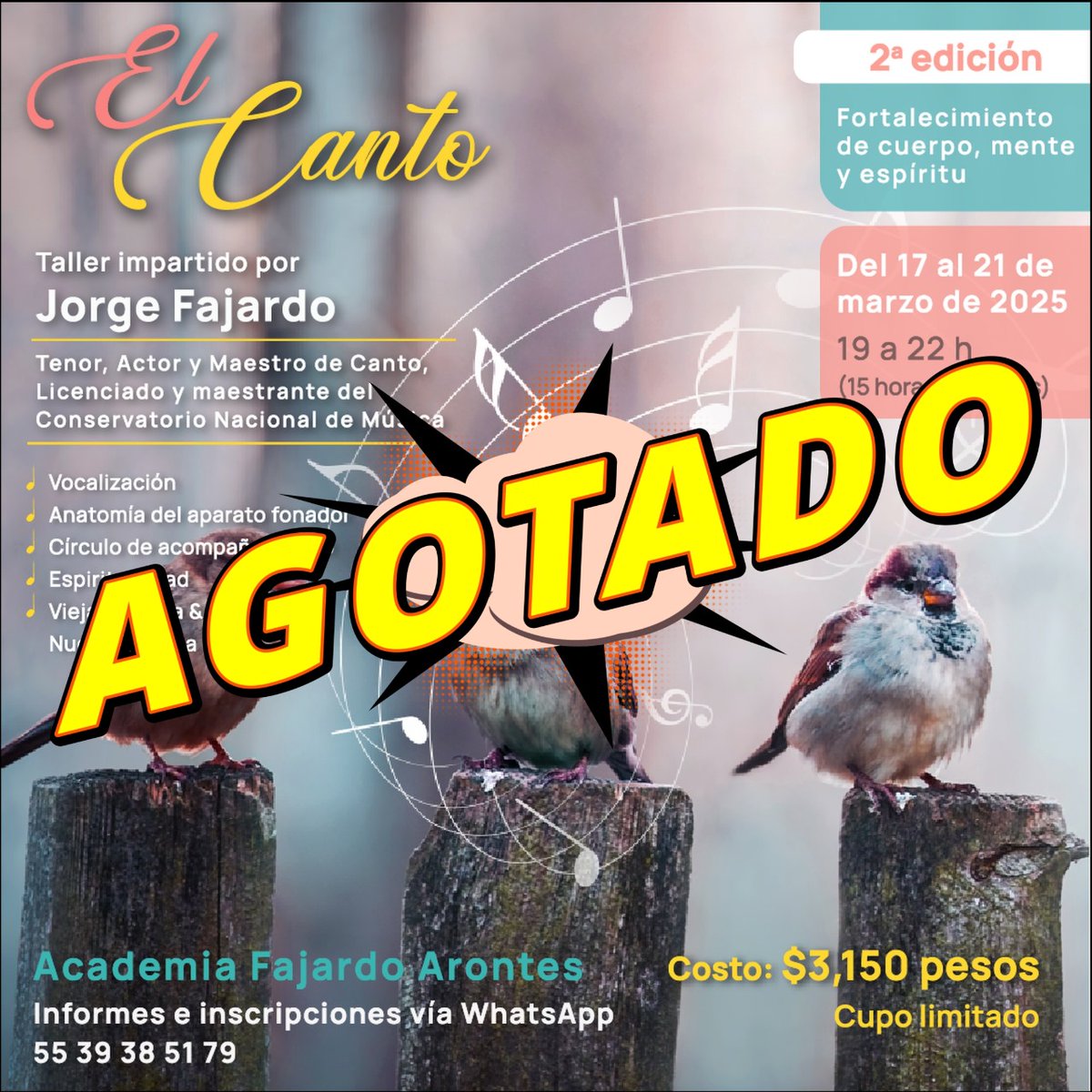 Gracias a su preferencia, a su confianza y a sus recomendaciones, se llenó el taller 
"El Canto: fortalecimiento de cuerpo, mente y espíritu", mismo que inicia hoy lunes 17 de marzo.
#tenor #maestrodecanto #coachingdevida #SanandoEmocionesJuntos #aprendiendojuntos #cantando