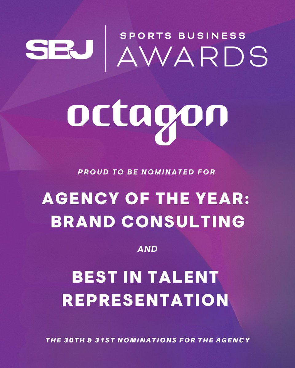 Octagon's tweet photo. Proud to be nominated for the @SBJ Sports Business Awards for the 18th consecutive year. Octagon was nominated for two awards, earning the agency’s 30th &amp; 31st overall nominations.

Nominations include:
🏆 “Agency of The Year: Brand Consulting”
🏆 “Best in Talent Representation” https://t.co/yWpqLrVEYr