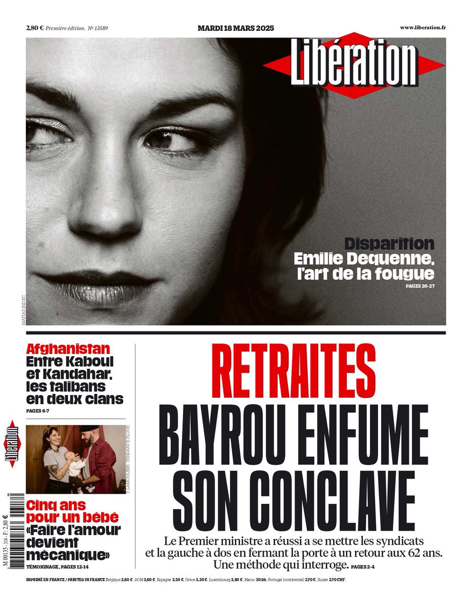 unesdepresse's tweet photo. 🗞🧓 RETRAITES : BAYROU ENFUME SON CONCLAVE / ⚫️ EMILIE DEQUENNE, L’ART DE LA FOUGUE

Voici la une du journal Libération, demain mardi 18 mars 2025. #retraites #réforme #Bayrou #conclave #Dequenne #EmilieDequenne https://t.co/l4gSAOwBQm
