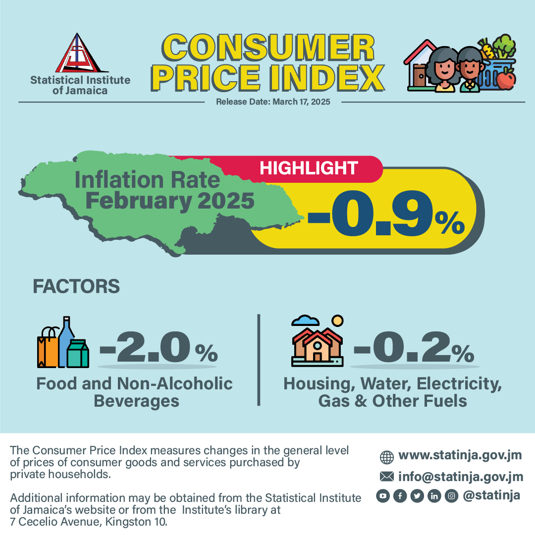 statinja's tweet image. The  #ConsumerPriceIndex (CPI) for February 2025 declined by 0.9 % . This  was mainly attributed to a 2.0 % fall in the index for the ‘Food and Non-Alcoholic Beverages’ division and a 0.2 % decrease in the index for the ‘Housing, Water, Electricity, Gas and Other Fuels’ division