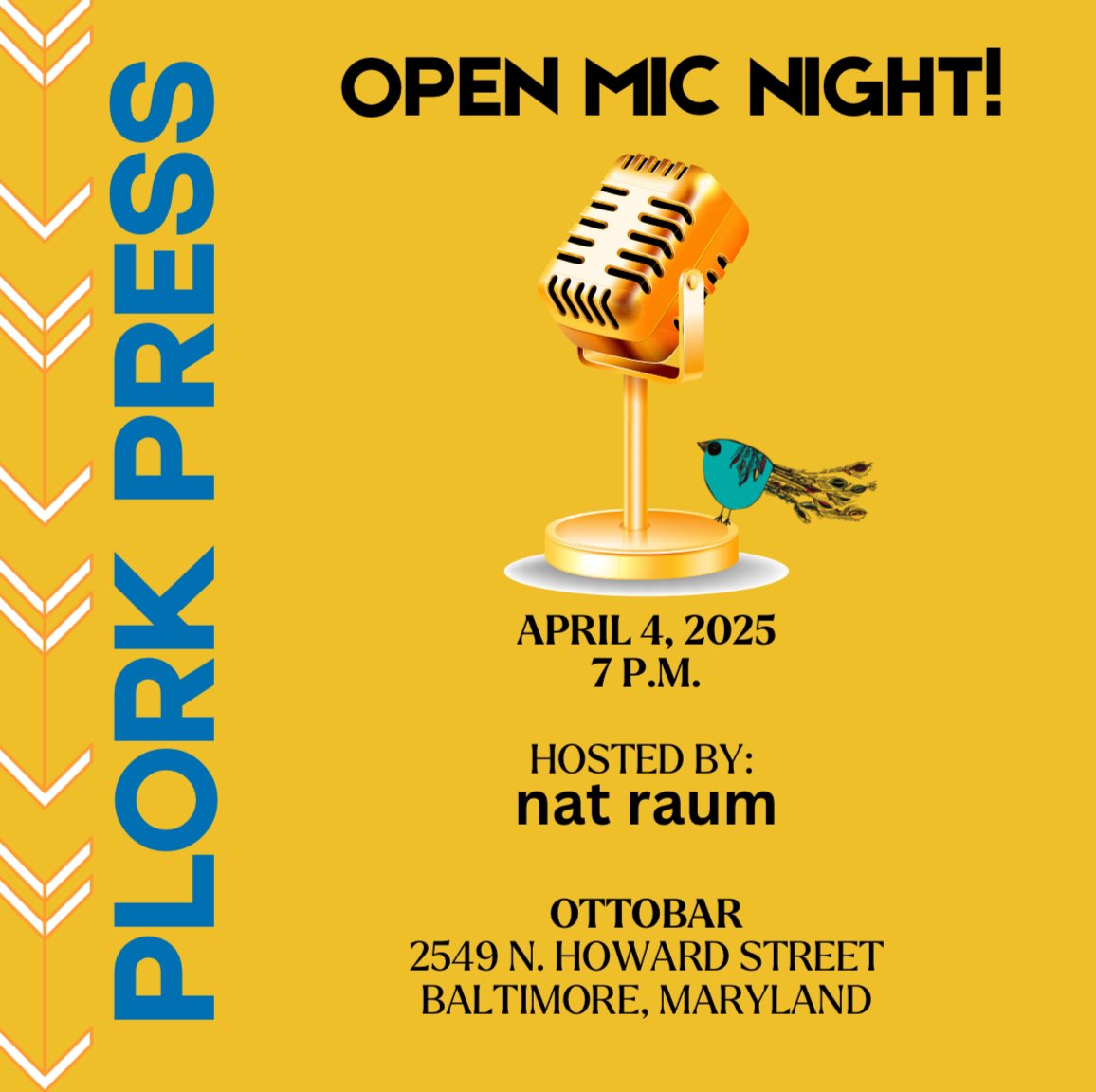 We are excited to announce our upcoming #OPENMIC event! 🎤 Come read your poetry or prose at the Ottobar! 📖 

This event will be hosted by nat raum, a published #poet. 

🗓️ Enjoy a night of reading and networking on April 4th at 7 PM! See ya there!

#litmags #literaryevent