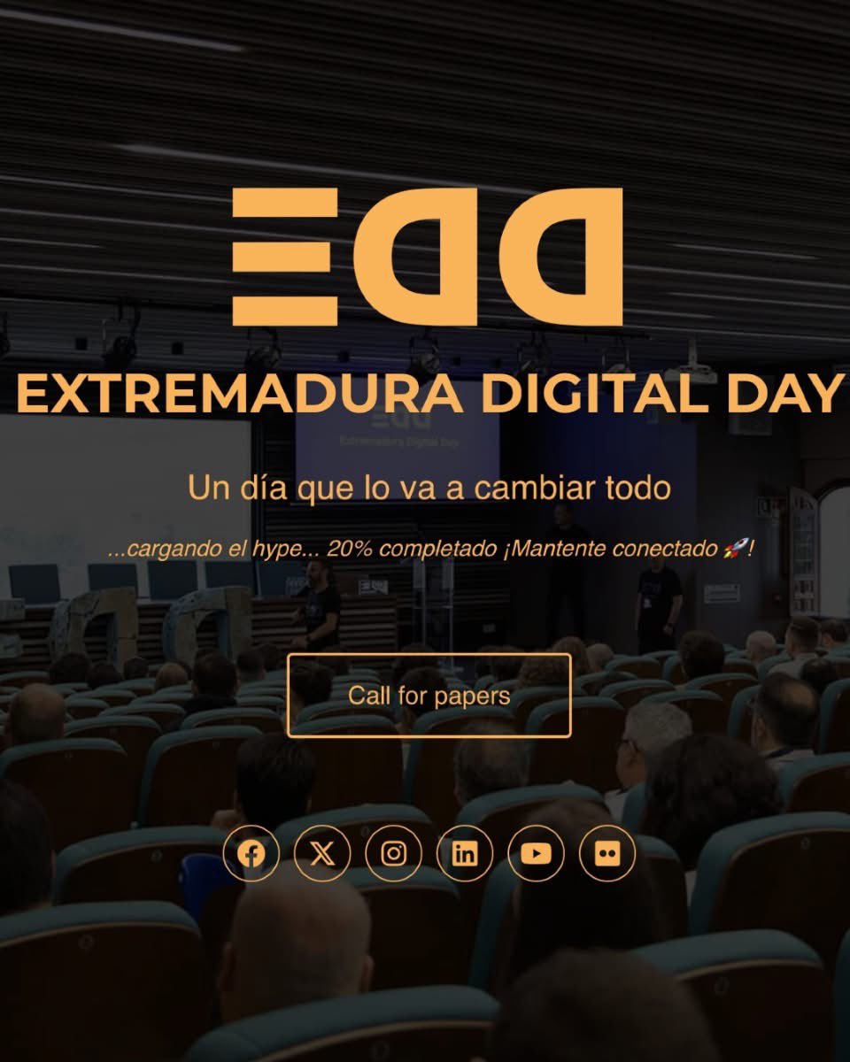 🚀 ¡Abierto el Call for papers de #EDD25! 🎤

📅 Tienes hasta mayo para enviar tu propuesta.
🔗 Más info 👉 extremaduradigitalday.com

📍 Nos vemos el 27 de septiembre en Cáceres.
💙 Un evento hecho por y para la comunidad.

#C4P