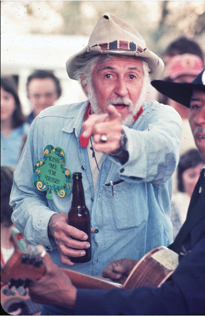 TracesofTexas's tweet photo. Lordy  ... every once in a while y'all send in a shot that floors me.  Check  out this great St. Paddy's Day photo of the legendary Hondo Crouch in  Luckenbach. Traces of Texas reader Keven Donohue took this 51 years ago  today, in 1974, and it's simply fantastic. Hondo's expression, his  "Kiss Me I'm Irish"  badge, his beer ... and then the guitar framing it  because, after all, this is Luckenbach.  Hondo, as everybody surely  knows, was the man who "imagined" Luckenbach. Before that he'd been an  All-American swimmer at the University of Texas and the author of a  weekly newspaper column.  He was a raconteur of the first order.  So  good it makes me want to go out and get a head start on my St. Paddy's  day festivities 😀☘️☘️☘️😄

Thank you, Kevin. RIP Hondo Crouch!
