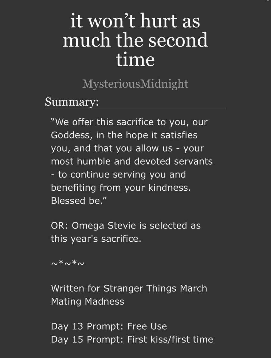 midnightxmagic's tweet image. TW DD. Rape/non-con(ish)

Hiii may I offer you genderbent Steddie with High Priestess Alpha Eddie and Sacrificial Lamb Omega Stevie, betas with calming pheromones, and an orgy (kinda) with Stevie, Eddie, Nancy and Chrissy for #STMMM25 Day 13 (free use)? 

archiveofourown.org/works/63938257