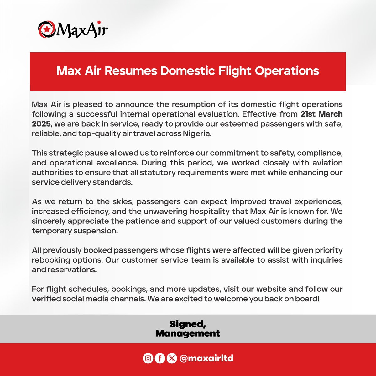 Max Air Resumes Domestic Flight Operations