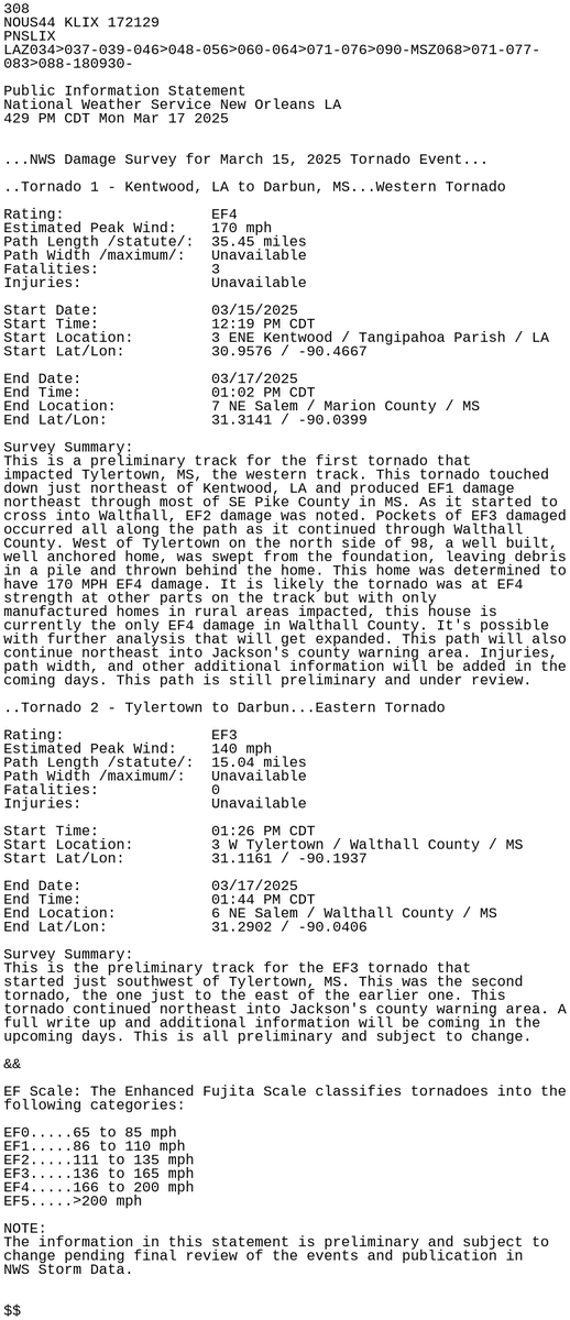 With this third EF-4 now confirmed, this now makes 3 EF-4 tornadoes within a 24-hour period.

The last time the United States has seen 3 EF-4 tornadoes within a 24-hour period was the Easter outbreak sequence of 2020.