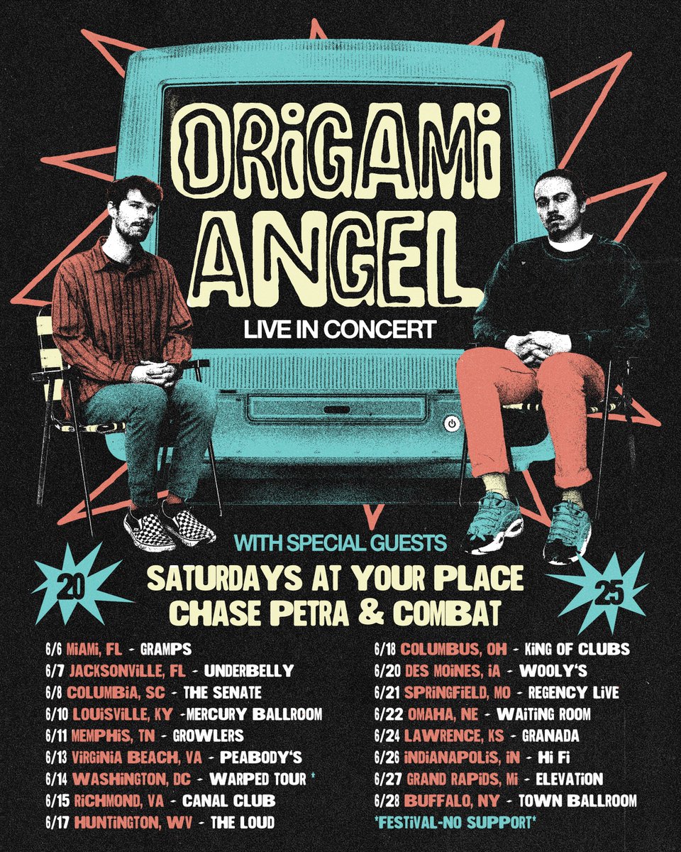 Origami Angel (@gamigang) on Twitter photo we’re touring this june w/ <a href="/saypband/">saturdays at your place</a>, <a href="/chasepetramusic/">Chase Petra 🍉 free Palestine</a>, & <a href="/combatbaltimore/">Combat from Baltimore</a>! tix on sale friday at 10am local. we’re touring this june w/ <a href="/saypband/">saturdays at your place</a>, <a href="/chasepetramusic/">Chase Petra 🍉 free Palestine</a>, & <a href="/combatbaltimore/">Combat from Baltimore</a>! tix on sale friday at 10am local.