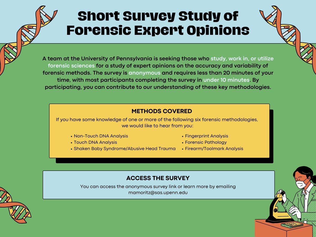Are you studying, working in, or utilizing #forensics? We're looking for expert opinions in a short, anonymous survey! Message or email me with any questions or for the link! #Science #DNA #pathology