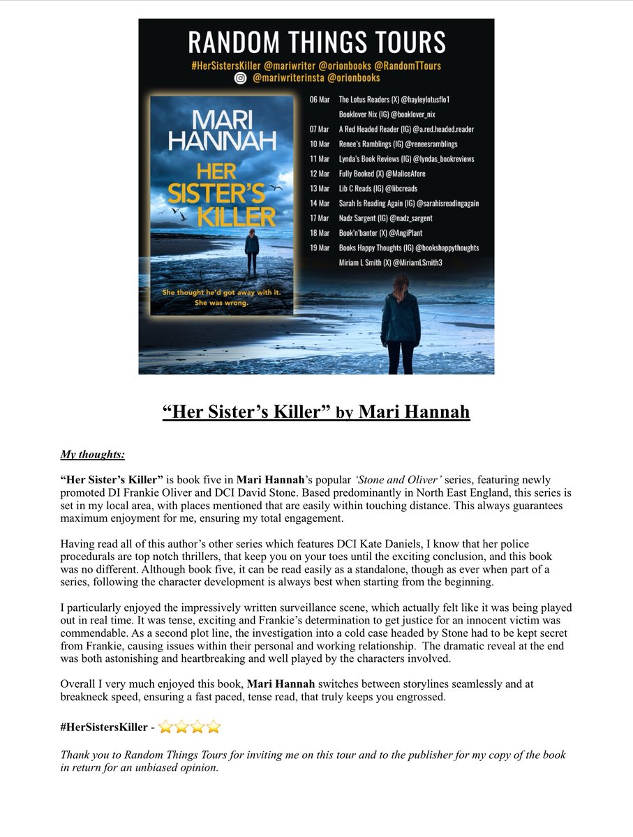 MiriamLSmith3's tweet image. It’s my turn on the blog tour for Mari Hannah’s 5th book in her Stone and Oliver #PoliceProcedural series set in #NEEngland

Read my thoughts below on #HerSistersKiller for @RandomTTours

#AMothersMusingsSunderland #AMakemMothersMusings @mariwriter @orionbooks #ChildTrafficking
