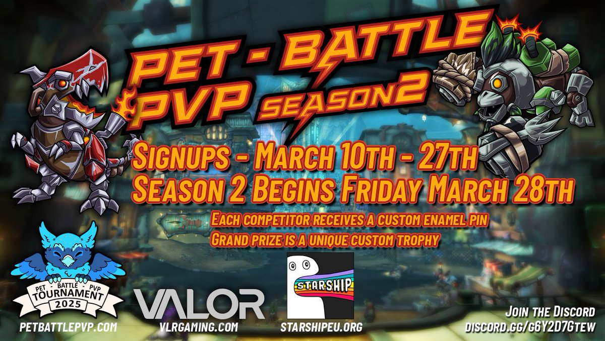Starship_eu's tweet photo. We are super excited to announce we will be partnering with the WoW Pet Community for season 2 of their Pet Battle Tournament! 

Sign up on their website:
https://t.co/8MzGfLRVCY

Starship
https://t.co/7CM0DT5Qor

#worldofwarcraft #petbattle #tournament #pvp #blizzard https://t.co/0kis9UCzs8