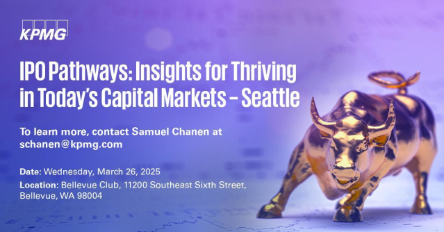 juleswalker4's tweet photo. The KPMG Seattle office is excited to host an IPO Pathways: Insights for Thriving in Today’s Capital Markets event. Capital markets specialists from JP Morgan, Fenwick, Nasdaq, and KPMG will bring you up to speed on the current trends in the market. https://t.co/nkUCSBYdjt https://t.co/JCORAdUJhH