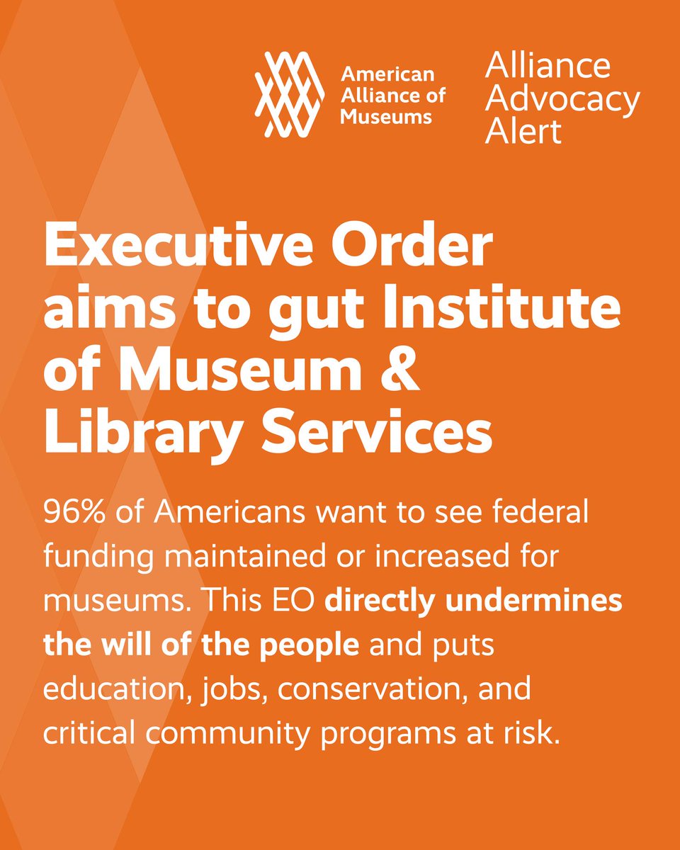🚨 The administration's Mar. 14 Executive Order aims to gut the only federal agency dedicated to America’s museums. 

📞 Act now! Contact Congress to support museums: aam-us.org/2025/03/17/urg… 

Get your museum's supporters involved in advocating with you: aam-us.org/2025/03/17/ask…