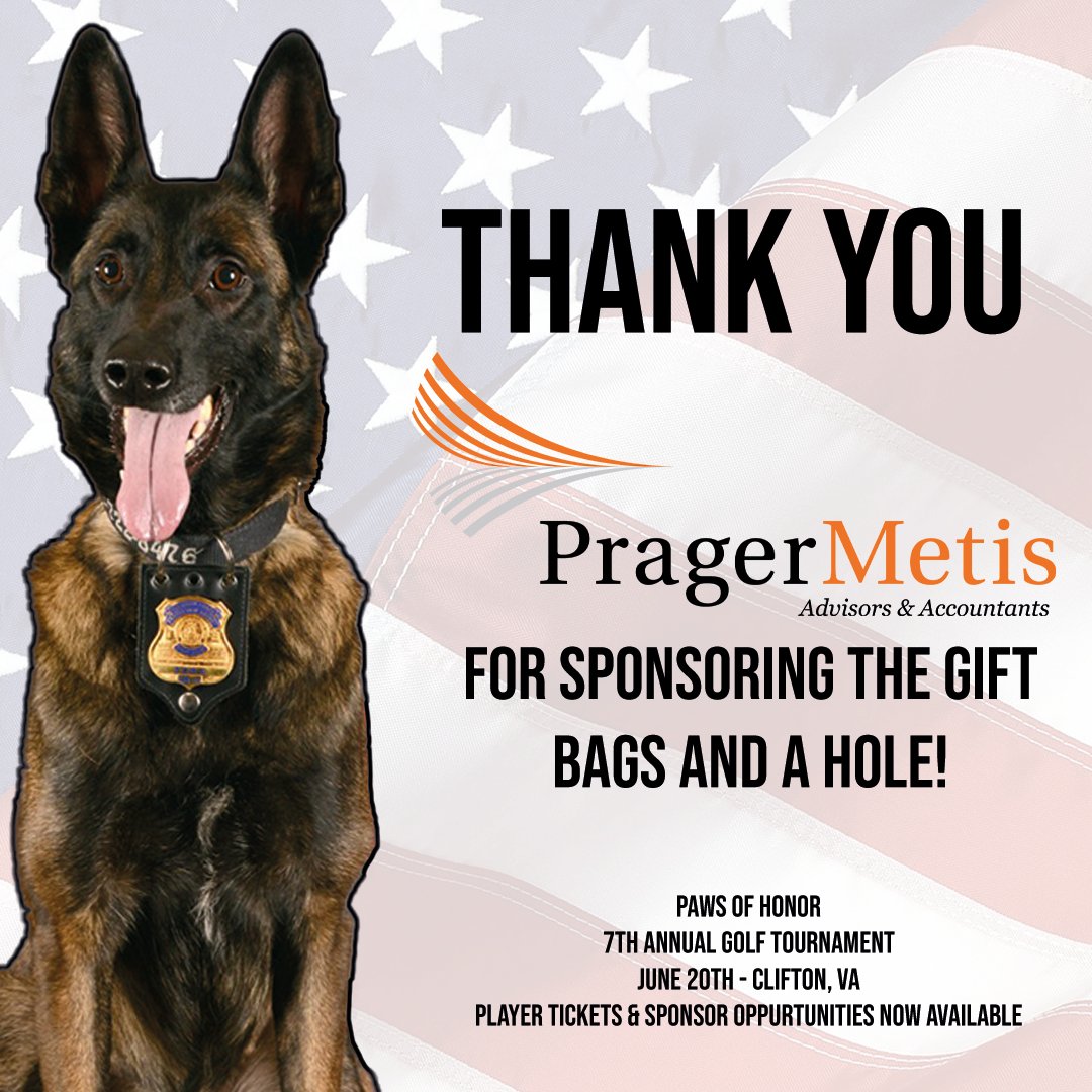 Today we would like to extend a huge thank you to <a href="/PragerMetisCPAs/">Prager Metis CPAs</a> for sponsoring our Gift Bag tier AND a hole sponsor!

#golftournament #sponsorship #thankyou #workingdogs #k9 #k9teams #retireddogs #retiredk9s