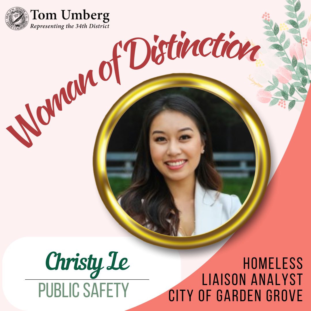 SenatorUmberg's tweet photo. Christy Le is a #WomanofDistinction nominee in public safety as the Homeless Liaison Analyst for the @CityofGardenGrove.
In part, as a result of her efforts, the City saw one of the only reductions in a locality’s homeless population across all of OC. https://t.co/Dv9Hq4IfH7