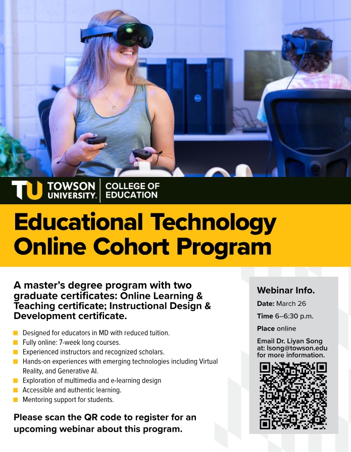 TowsonISTC's tweet image. Join the upcoming webinar to learn more and check out the other programs listed that Towson University has to offer! #towsonuniversity #educationaltechnology